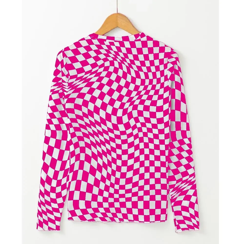 Red White Checkered Pattern Mesh Mock Neck Long Sleeve Top New S M - Picture 3 of 7